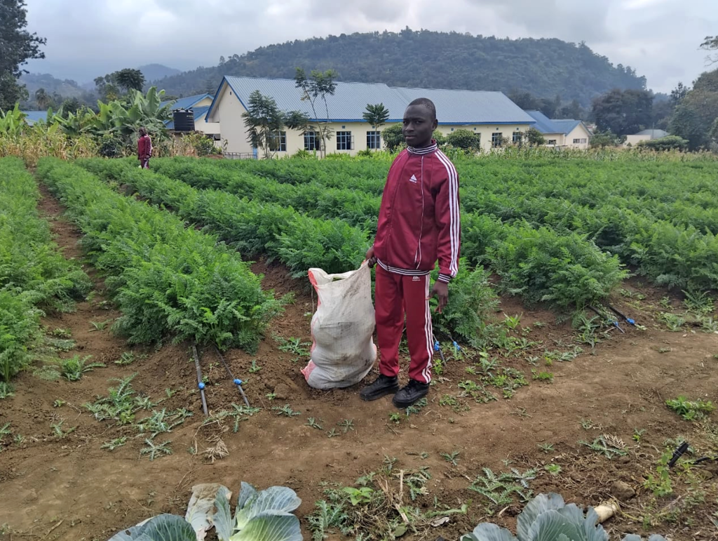 A student at Patandi School stands in the carrot field during harvest with a sack beside him.